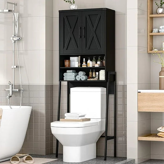 Vabches Over The Toilet Storage Cabinet, Farmhouse Over Toilet Storage Cabinet, Metal Frame with 2 Barn Doors, Home Space-Saving Toilet Rack for Bathroom, Toilet, Laundry Room,Black - ModernBath