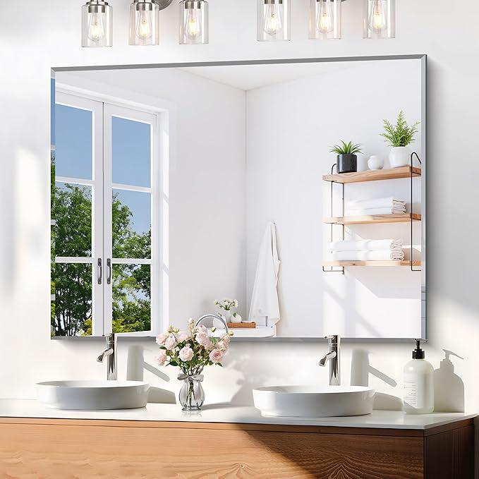 KOCUUY Beveled Mirror, 48x36 Inch Large Frameless Bathroom Mirror for Over Sink, Upgraded Shatterproof Beveled Unframed Design Mirror for Bathroom, Bedroom, Hang Horizontal/Vertical - ModernBath