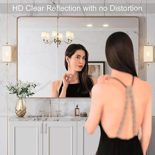LOAAO 48”X32” Gold Bathroom Mirror, Rounded Rectangle Gold Frame Mirror, Brushed Gold Bathroom Vanity Mirror Wall-Mounted, Anti-Rust, Tempered Glass, Hangs Horizontally or Vertically - ModernBath