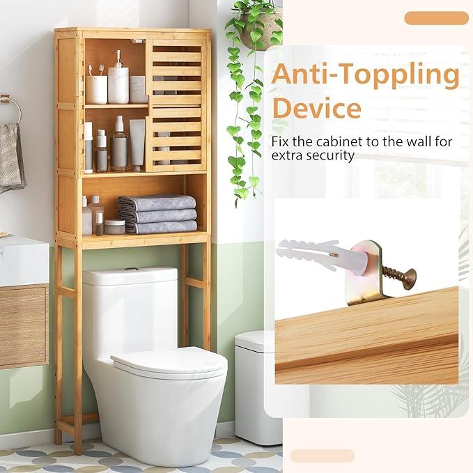 Tangkula Over The Toilet Storage Cabinet, Bamboo Bathroom Space Saver with 2 Doors, Adjustable Bottom Bar, Open Shelf, Freestanding Bathroom Cabinet Organizer Above Toilet for Restroom, Laundry Room - ModernBath