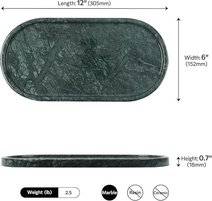 Faticdorr Green Marble Tray, 2 Pcs, Marble Vanity Tray, Bathroom, Decor for Trinket Perfume Jewelry Candle, 12 Inch Oval - ModernBath