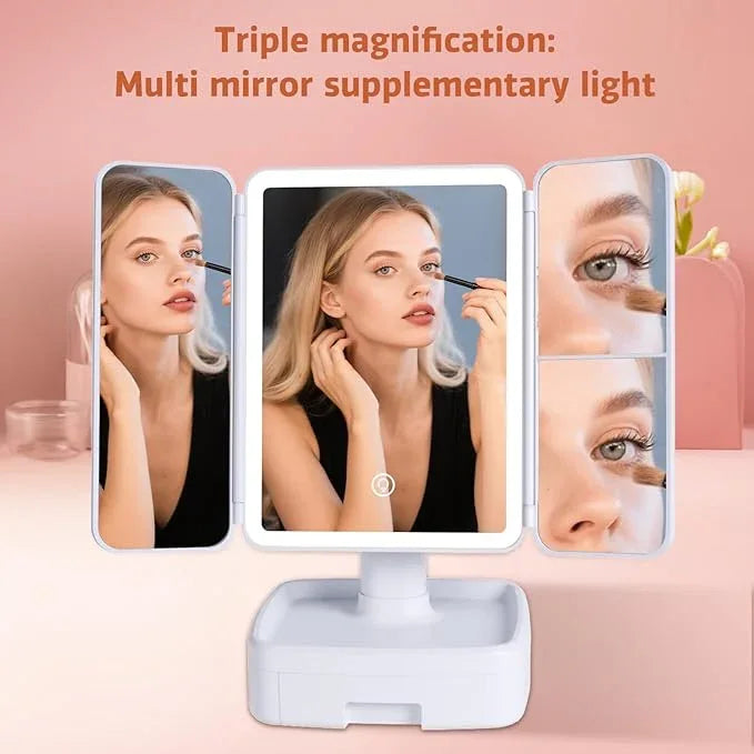 Makeup Vanity Mirror with Light, Triple Magnification (1X/2X/3X) with Storage, Touch Control and 3-Color dimming Lighting, Portable Travel Trifold Mirror，Gift for her - ModernBath