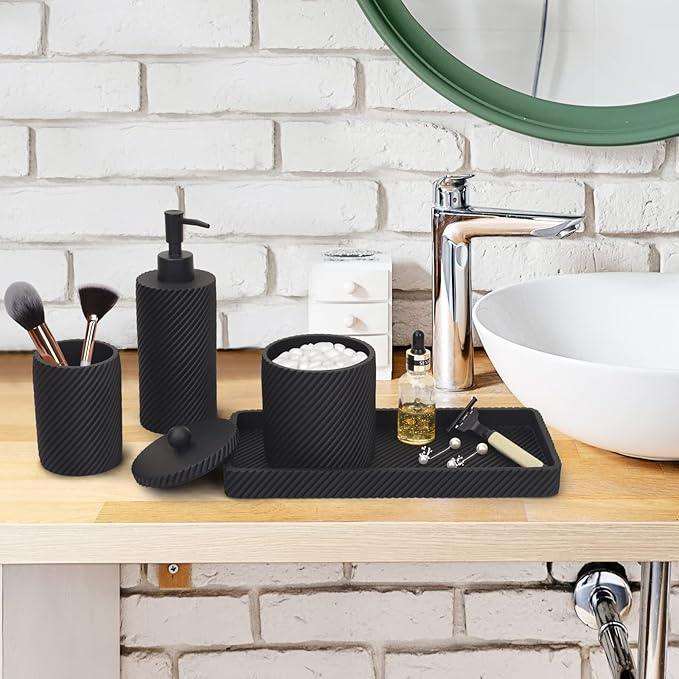 Black Bathroom Accessories Set 4 Pcs - Toothbrush Holder,Lotion Soap Dispenser,Qtip Holder Dispenser,Vanity Tray for Countertop Vanity Organizer,Bathroom Accessory Set - ModernBath