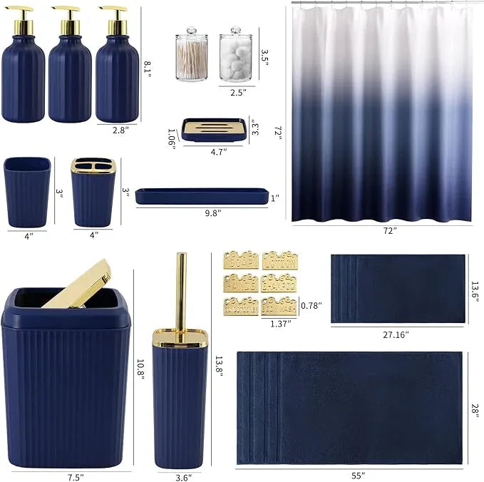 WSBArt 32PCS Bathroom Accessories Set Bathroom Set,Navy Blue Shower Curtain Set,Bath Towel Set,Hand Towel,Toilet Brush,Trash Can & 3PCS Soap Dispenser - ModernBath