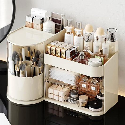 Makeup Organizer with Rotating Brush Holder Cosmetic Organizer with Drawers Countertop Skincare Organizer for Vanity,Cosmetic Display Case Storage (Cream, Large) - ModernBath
