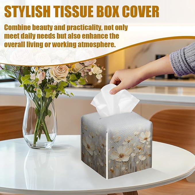 White Poppy Tissue Box Cover 2PCS, Flower Floral Leather Tissue Box Holder Square Facial Paper Case Tissue Box Cube Organizer for Bathroom Bedroom Desk Office - ModernBath