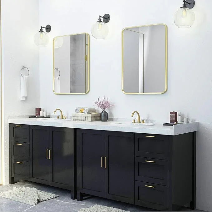 Minuover Wall Mount Mirror for Bathroom, Brushed Gold Metal Framed Rounded Corner Rectangular Vanity Mirror, Tempered Glass (28" x 36", Gold) - ModernBath