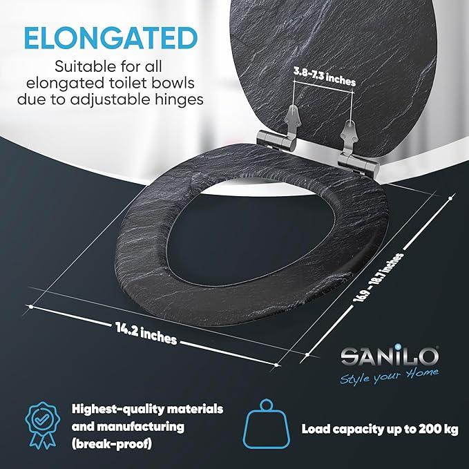 SANILO Wooden Toilet Seat with Soft Close [ELONGATED] - Decorative, Quiet & Slow Close Molded Wood Seat - With Strong Bumpers & Hinges - Adjustable Fit - Granite - ModernBath