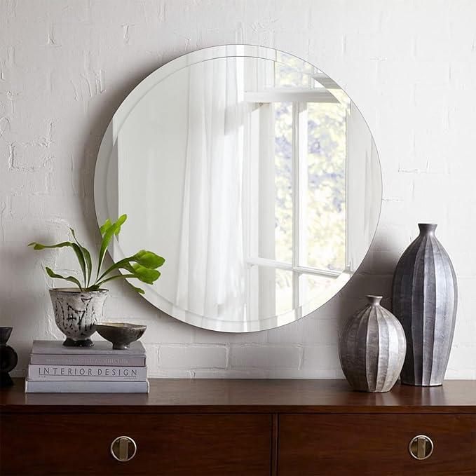 CLBA 28 inch Beveled Bathroom Mirror, Frameless Round Mirror, 1" Polished Beveled Edge Circle Mirror for Bathroom, Living Room, Bedroom - ModernBath