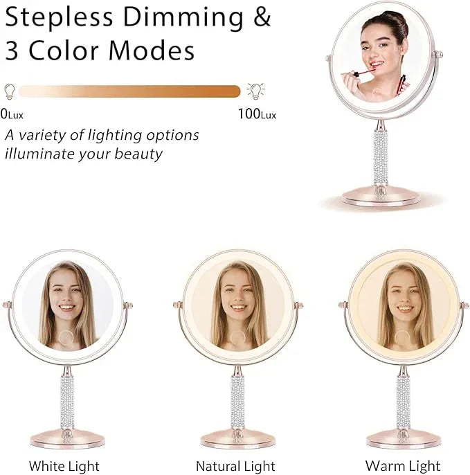 Senshuerjie 7" Rose Gold Glitter Diamond Rhinestone Makeup Mirror,360°Rotate Round Tabletop Vanity Mirror Double Sided 1X/10X HD Undistorted Magnifying Mirror,Portable Vanity Women Gift (Rose Gold) - ModernBath