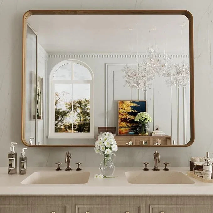 LOAAO 40X36 Inch Bathroom Mirror with Wood Grain Colored Metal Frame, Rounded Rectangle Metal Framed Bathroom Mirror, Anti-Rust, Hangs Horizontally or Vertically, Tempered Glass - ModernBath