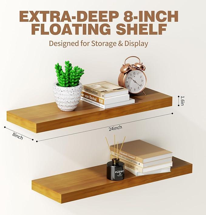 Solid Wood Floating Shelves 24'' Long, 8'' Deep Wall Mounted Shelves with Heavy Duty Brackets, Max Load 150 lbs, Wall Shelves for Bathroom Kitchen Living Room, 24 x 8 x 1.6 in, Walnut, Set of 2 - ModernBath