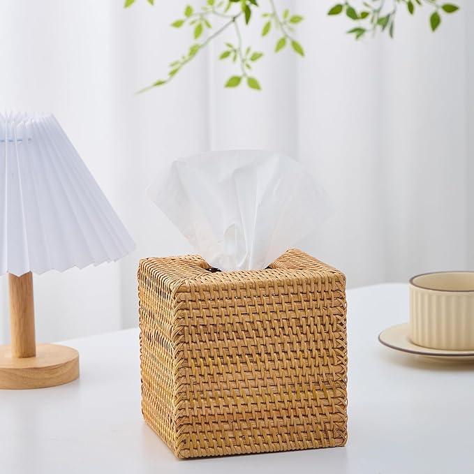 Hand-Woven Rattan Tissue Box Cover, Square Wicker Tissue Holder, Natural Woven Facial Napkin Holder - ModernBath