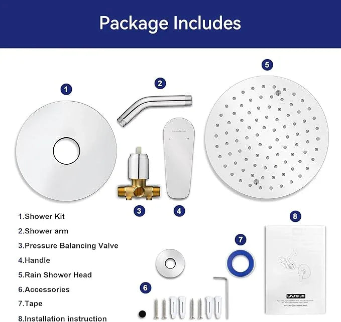 Lavatrum Chrome Shower Head and Handle Set Single Spray Premium Wall Mount 8 Inch Polish Rainfall Round Shower Faucet with Rough-in Valve and Trim Kit for Bathroom（1.8GPM) - ModernBath