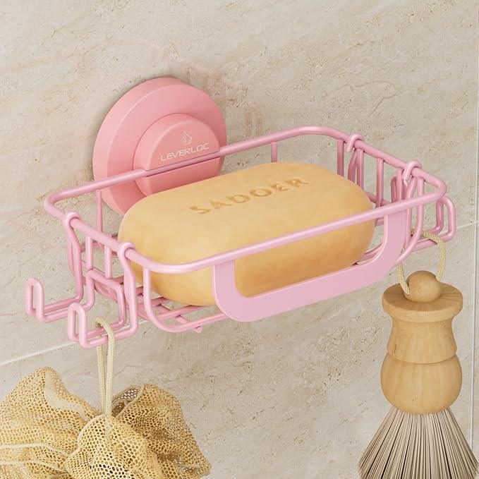 LEVERLOC Soap Holder Dish with Hooks for Shower, Bar Suction Cup Soap Tray Wall Mounted, Rustproof Stainless Steel Sponge Holder Caddy for Bathroom Bathtub Kitchen Sink, Pink - ModernBath