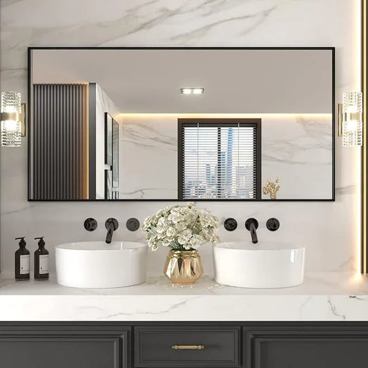 LOAAO 72"X36" Black Rectangle Bathroom Mirror Wall, Matte Black Aluminum Alloy Frame, Tempered Glass, Hangs Vertically or Horizontally, Easy to Install - ModernBath