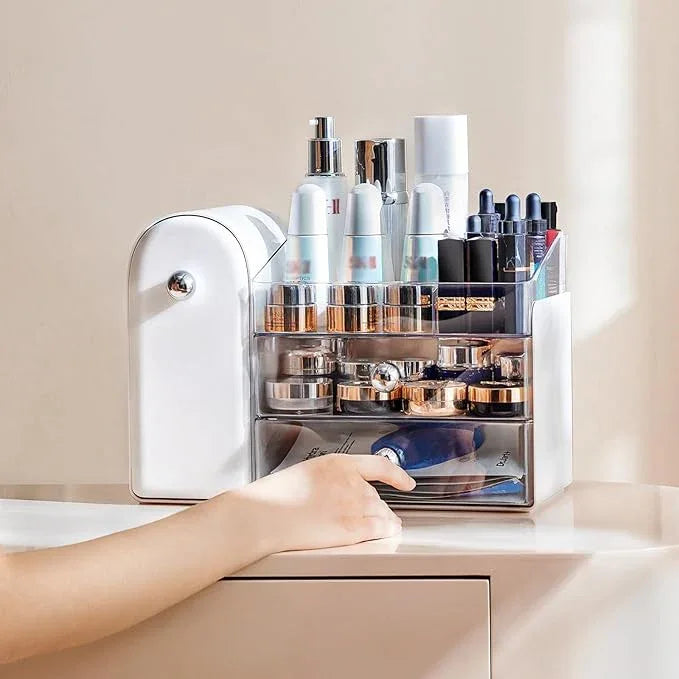 Makeup Organizer with Brush Holder for Vanity, Large Cosmetic Display Cases with 2 Drawers, Skincare Organizer for Bathroom Countertop, White - ModernBath