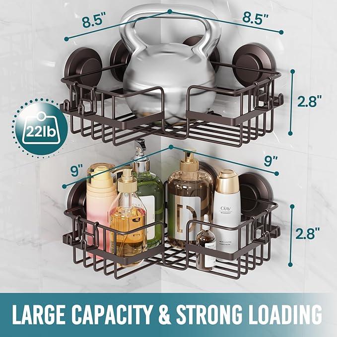 TAILI 2 Pack Powerful Suction Cup Shower Caddy Corner-adaptive, Stainless Steel Rustproof Shower Shelves with Hook, Drill-Free Wall Suction Baskets, Large Capacity Removable Bathroom Organizer, Brown - ModernBath