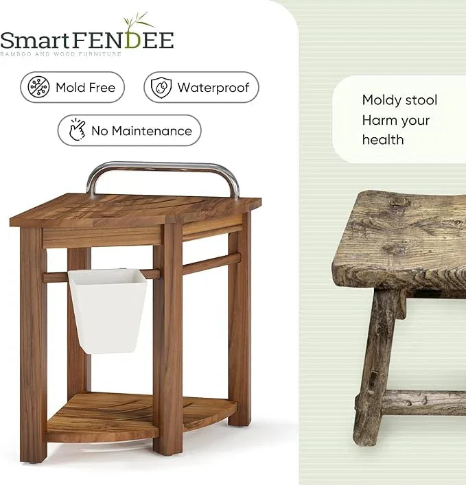 Smart Fendee 16.5“ Teak Shower Bench Seat with Handle, Corner Wooden Spa Bathing Stool with Storage Towel Shelf, Perfect for Inside Shower and Outdoor Use - ModernBath