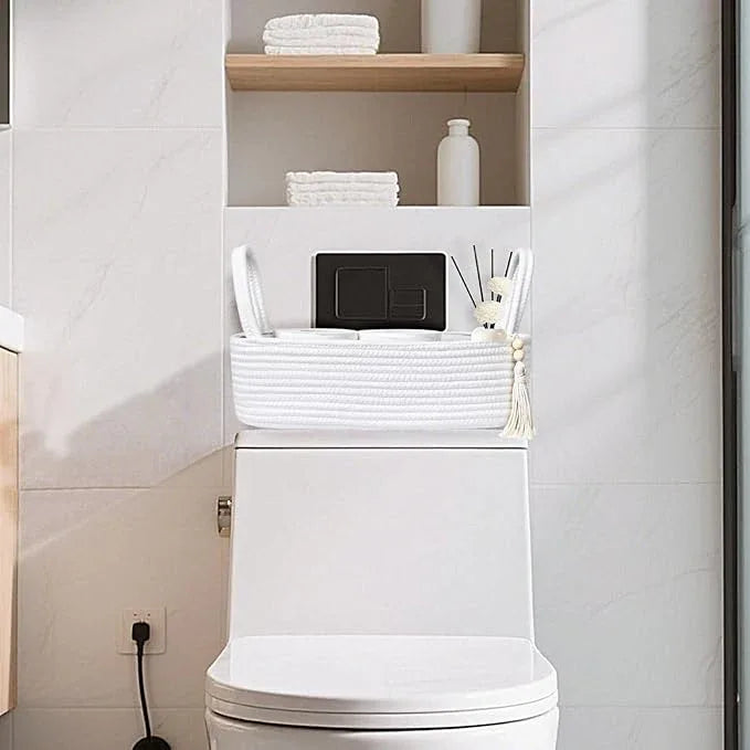 ABenkle Small Storage Basket for Toilet Tank Top - Jute Rope Woven Organizer with Handle, Boho Countertop Bathroom Decor, Toilet Paper Holder, 13x6x4 Inch - ModernBath