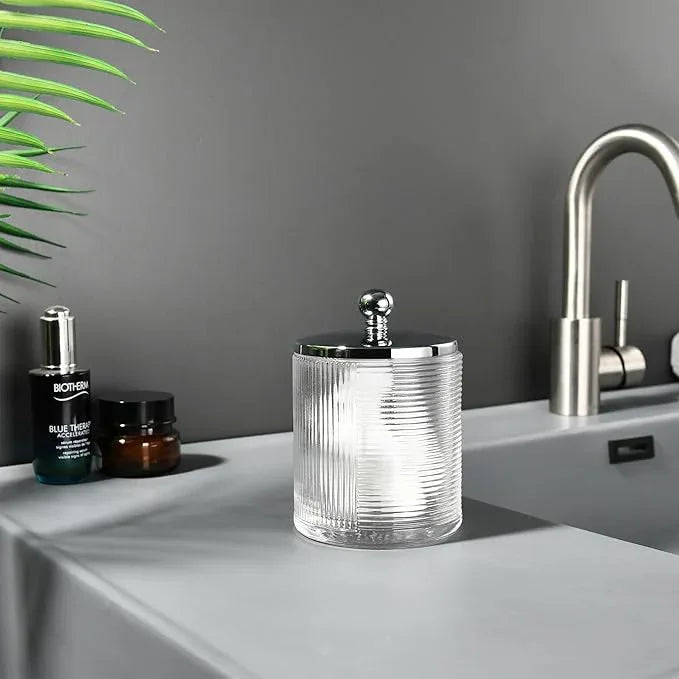 Indecor Home Clear Transparent Apothecary Ribbed Geometric Etched Glass Jar W/Silver/Chrome Metal Lid Cover for Bathroom Organization, Cotton Balls, Q Tips, and Small Accessories, Bathroom Storage - ModernBath