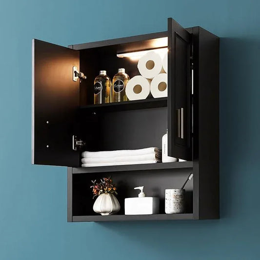 Black Wall Cabinet 23x29 inch for Bathroom Laundry Room Bedroom Kitchen Wood Medicine Cabinet, DIY Lighting, Soft-Close Hinge, 2 Door,Above Toilet Storage - ModernBath