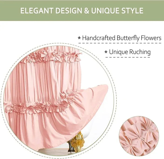 Homechoice Decor Peach Ruffle Shower Curtain, Vintage Handcrafted Bow Tie Bath Curtain for Master Bathroom, Ruched Microfiber Bathroom Curtain with 12 Buttonholes, 72" W x 84" H (LQ-10) - ModernBath