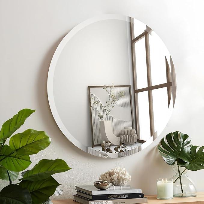 CLBA 24 inch Beveled Bathroom Mirror, Frameless Round Mirror, 1" Polished Beveled Edge Circle Mirror for Bathroom, Living Room, Bedroom - ModernBath