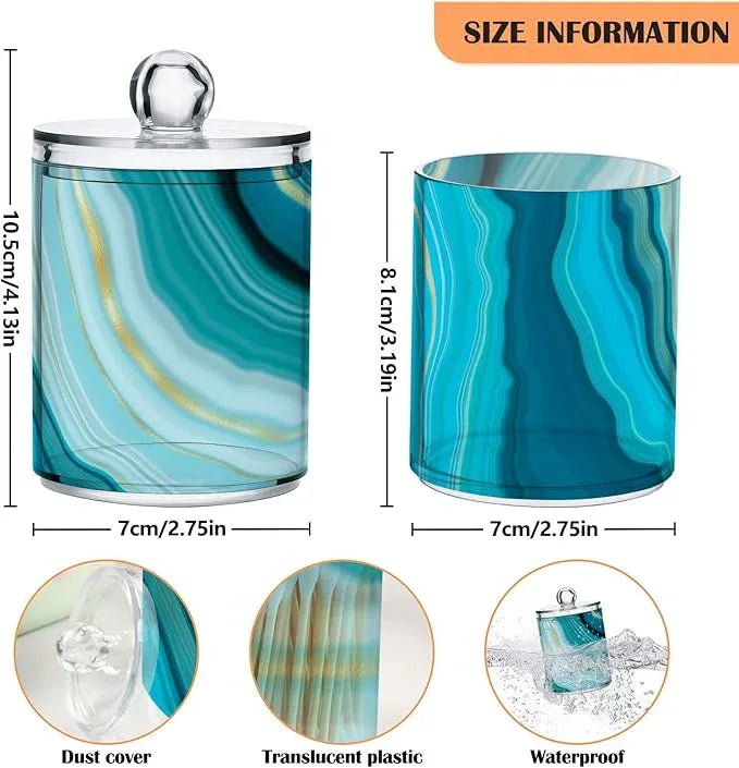 BOENLE 2 Pack Qtip Holder Dispenser Teal Turquoise Blue Marble Bathroom Storage Canister Lid Acrylic Plastic Apothecary Jar Set Vanity Makeup Organizer for Cotton Swab/Ball/Round Pads, Floss - ModernBath