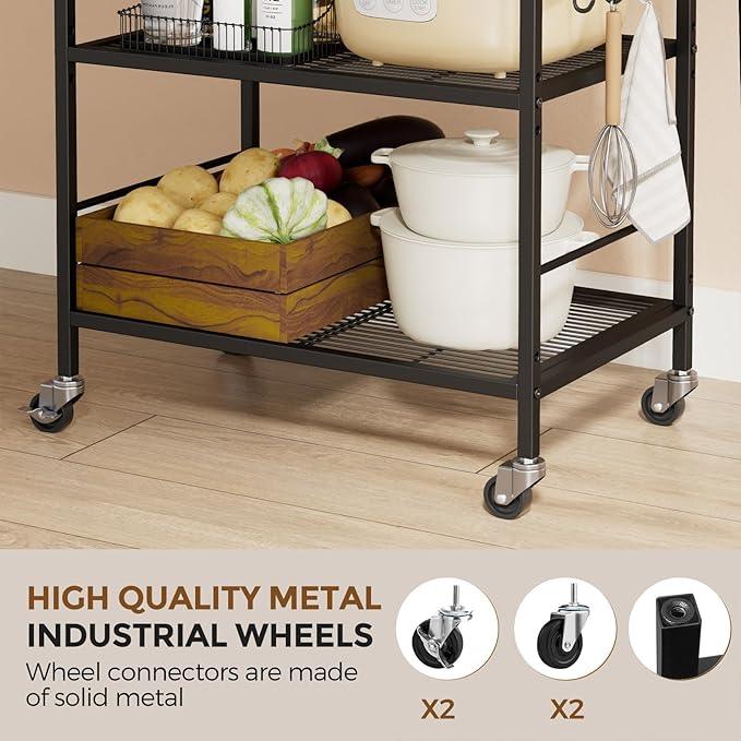 3-Tier Metal Storage Rack with Industrial Wheels,Mesh Shelving Unit with Wooden Table top,Adjustable Shelf,23.6-Inch Width,15.8-Inch Depth, for Kitchen, Laundry,Pantry,Plant,Black panel - ModernBath