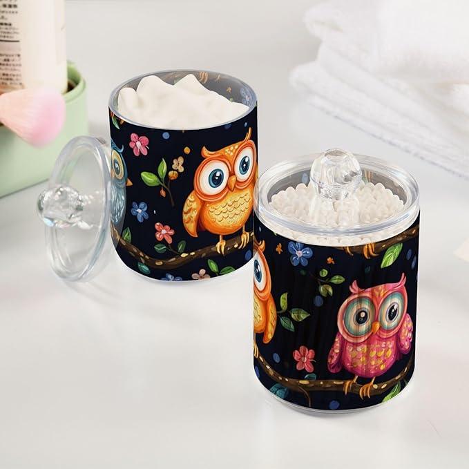 Tatenale Qtip Holder Bathroom Set Q tip Cotton Ball Swab Pad Dispenser Container Organizer Plastic Jars with Lids Storage 2Pack Vibrant Owls Branches Flowers Spring - ModernBath