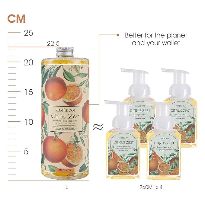 ROMIIE ZOI Citrus Zest Foaming Hand Soap Refill Gift Set – 3 Pack (33.8 Fl Oz Each) with Refillable Dispenser, Moisturizing, Biodegradable & Chemical-Free Formula for Kitchen, Bathroom, Sensitive Skin - ModernBath