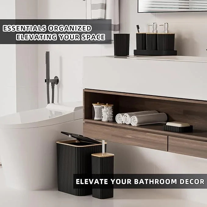 XLHOMO Bathroom Accessories Set - Elegant Black Bathroom Set, 10PC Bathroom Accessory Set, Toilet Brush, Trash Can, Qtip Holder Dispenser & Soap Dispenser - ModernBath