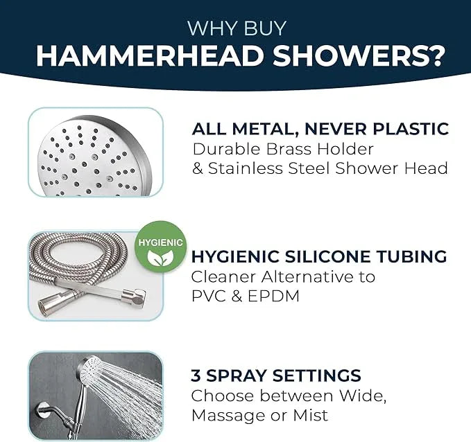 HammerHead Showers® Solid Metal 3-Spray Handheld Shower Head with Long Hose and Holder - BRUSHED NICKEL - 2.5 GPM High Pressure Shower Head with Handheld Sprayer - WIDE, MASSAGE, and MIST Sprays - ModernBath