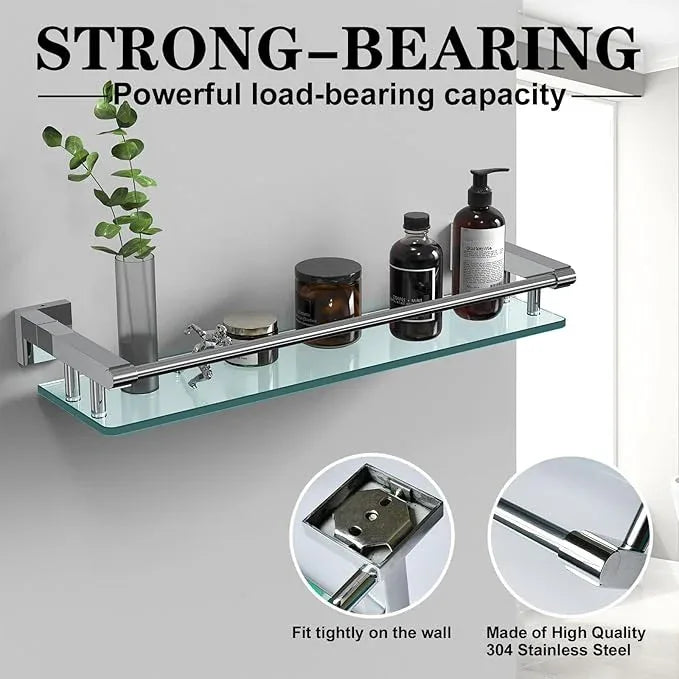Glass Shelves for Bathroom, 20IN Rectangular Chrome Stainless Steel Tempered Glass Shelf Wall Mount Shelf Sink Over Toilet Modern Bathroom (Chrome Polished, 20‘’) - ModernBath