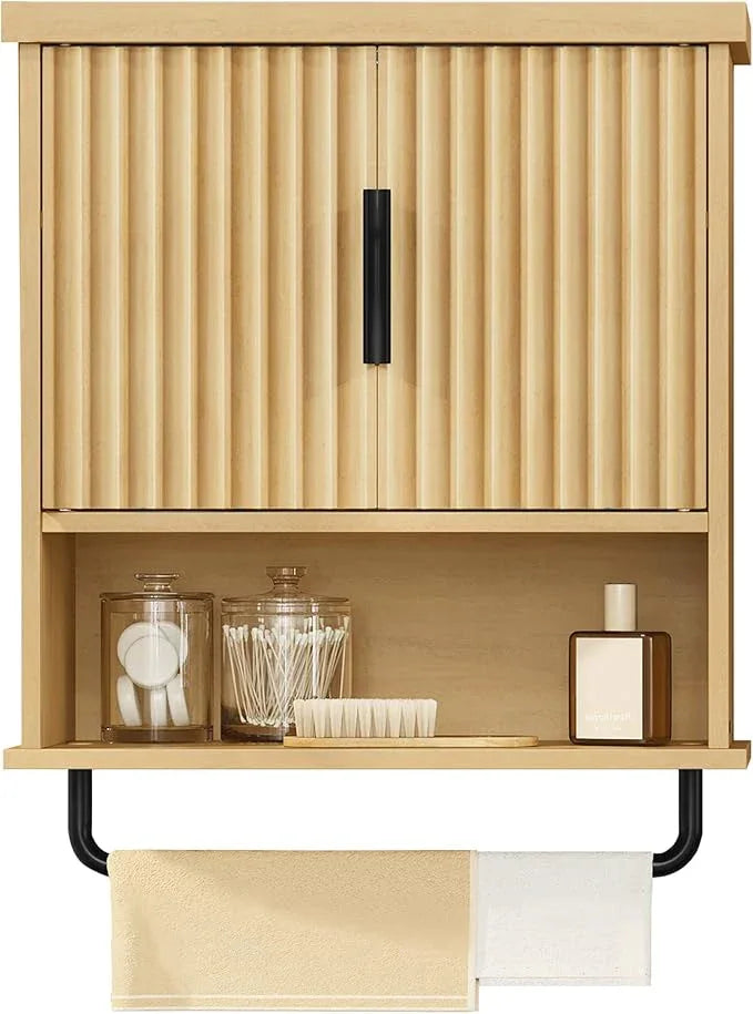 VASAGLE MAXE Collection - Bathroom Cabinet Wall Mounted, Over Toilet Hanging Cabinet with Adjustable Shelf, Towel Bar, Fluted Doors, 7.9 x 17.7 x 24 Inches, Transitional, Oak Beige UBBK137Y01S - ModernBath