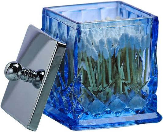 ZIVQEXMURL Qtip Holder,15Oz Blue Glass Apothecary Jars with Silver Lids for Bathroom Organization & Desk Storage,Thick Glass Apothecary Jars for Q-Tips,Cotton Rounds,Jewelry,Candy,Square