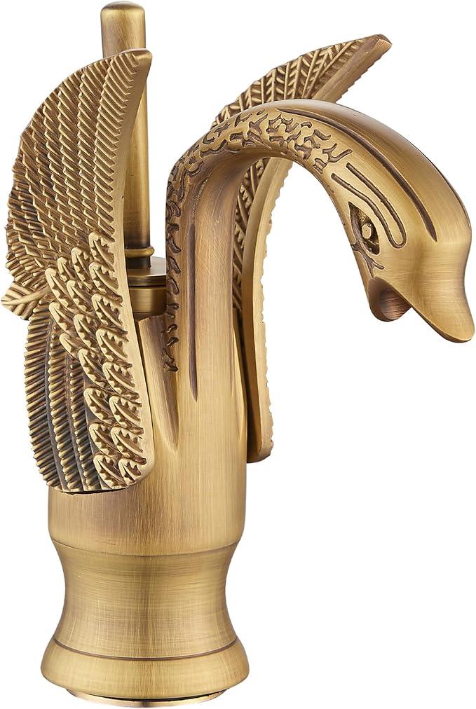 GGStudy Bathroom Faucet Antique Brass Swan Single Handle One Hole Bathroom Vanity Faucet Basin Tap Deck Mount Lavatory - ModernBath