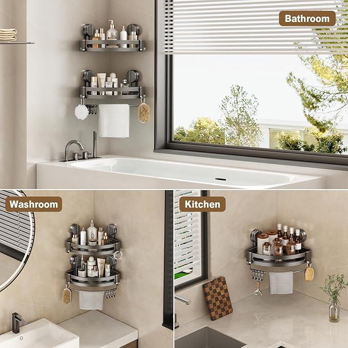 VOLPONE Shower Caddy Suction Cup, 2 Pack Corner Shower Shelves No Drilling, Showers Organizer Storage with Towel Bar & Removable Hooks, Bathroom Shower Shelf Rack for Inside Showers, Triangle - ModernBath