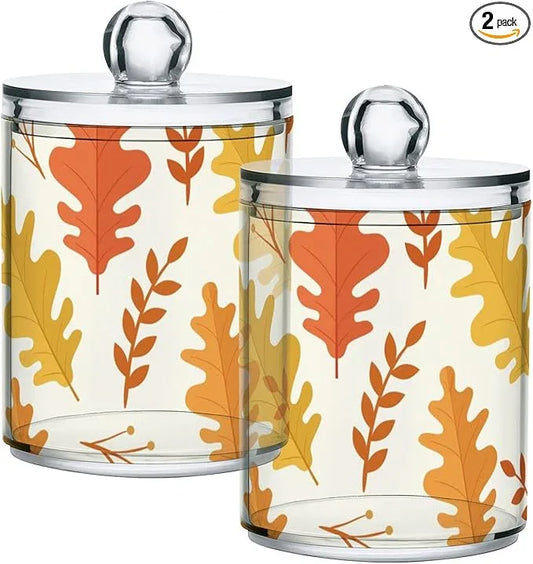 Tatenale Qtip Holder Bathroom Set Q tip Cotton Ball Swab Pad Dispenser Container Organizer Plastic Jars with Lids Storage 2Pack Yellow Thanksgiving Autumn Leaves - ModernBath