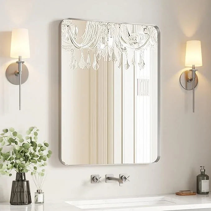 USHOWER Brushed Nickel Bathroom Mirror 24"x36", Silver Rectangle Mirror for Over Sink, Rounded Corner, Aluminum Frame, Anti-Rust, Tempered Glass, Horizontal or Vertical Mounted - ModernBath