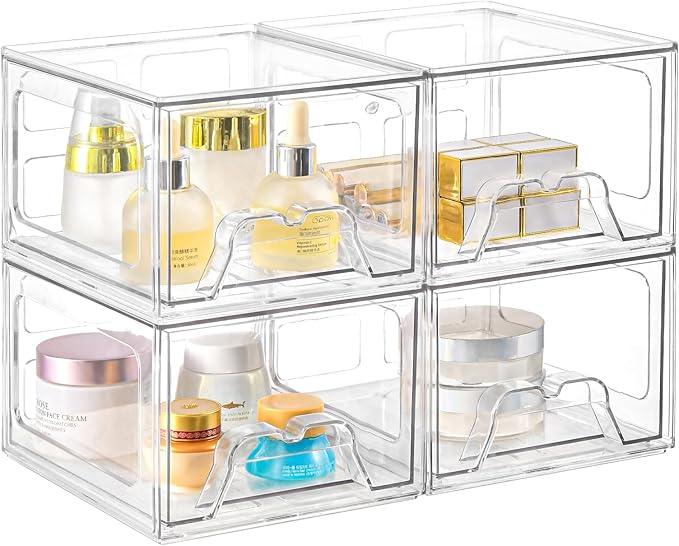 Stebopum 4 Pack Stackable Makeup Organizer, 4.4'' Tall Acrylic Bathroom Makeup Organizer and Storage Drawer with Pull-out Handle, Clear Plastic Storage Bins for Vanity,Pantry,Desk,Undersink,Kitchen - ModernBath