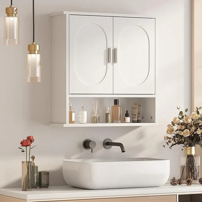 Medicine Cabinet for Bathroom,2 Doors White Bathroom Wall Cabinet with Oval,Over Toilet Storage Cabinet for Laundry Room/Kitchen/Living Room,Surface Mount Medicine Cabinets 23x24 - ModernBath