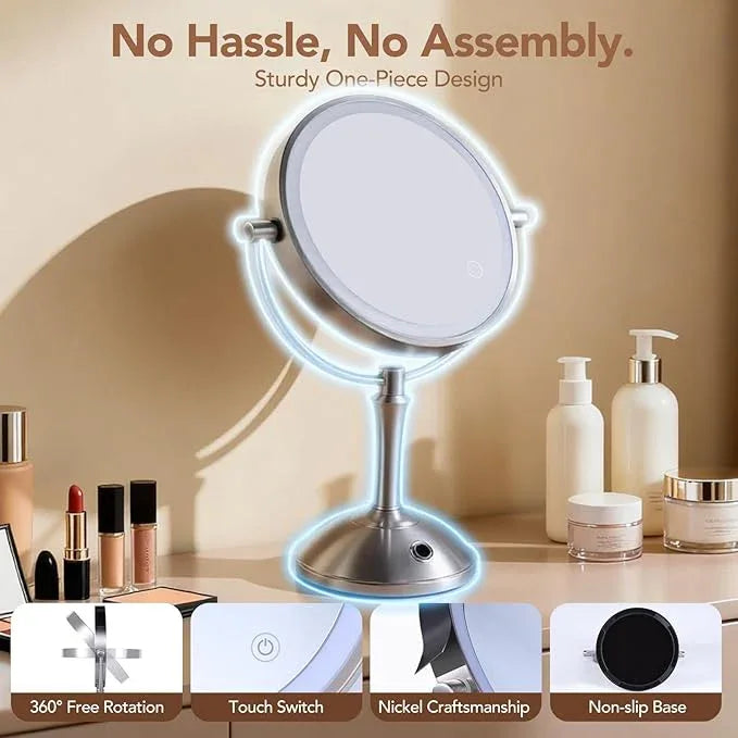 PJE Vanity Mirror with Lights,360 Mirror Magnifying Mirror with Light 10X,3 Light Settings Rechargeable Makeup Mirror,Dimmable Touch Control Tabletop Makeup Mirrors with Lights for Home,Hotel & Salon - ModernBath
