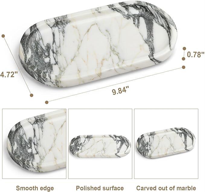 Natural Marble Vanity Tray - Moujings Genuine Marble Perfume Tray for Bathroom Decor, Stone Bathroom Vanity Organizer Tray for Kitchen Counter, Candles, Jewelry, Coffee, Makeup, Key - ModernBath