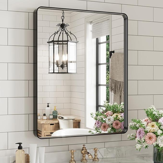 WEER Black Bathroom Vanity Mirror 20X28 Inch, Rounded Rectangle Black Metal Framed Mirror for Over Sink Wall, Farmhouse Matte Black Mirror, Tempered Glass, Anti-Rust, Hangs Horizontal or Vertical - ModernBath