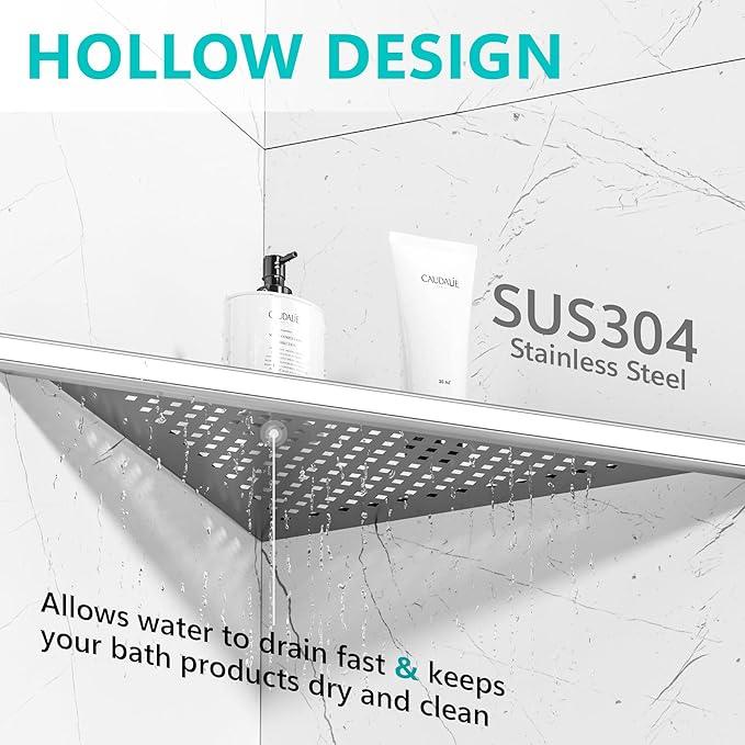 Bathroom Corner Shelf, Recessed 12" Shower Shelf Caddy, SUS304 Stainless Steel Shelf Wall Mount Triangular, No Drilling, Brushed Nickel - ModernBath