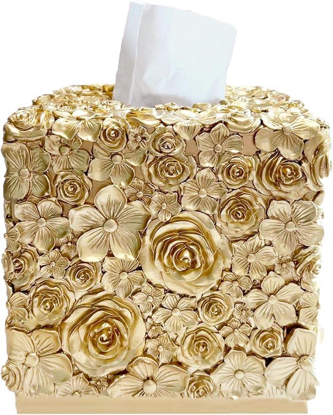Huitony Square Tissue Box Cover Decorative Kleenex Box Holder for Bathroom & Living Room with Handcrafted Texture (Rose Gold) - ModernBath