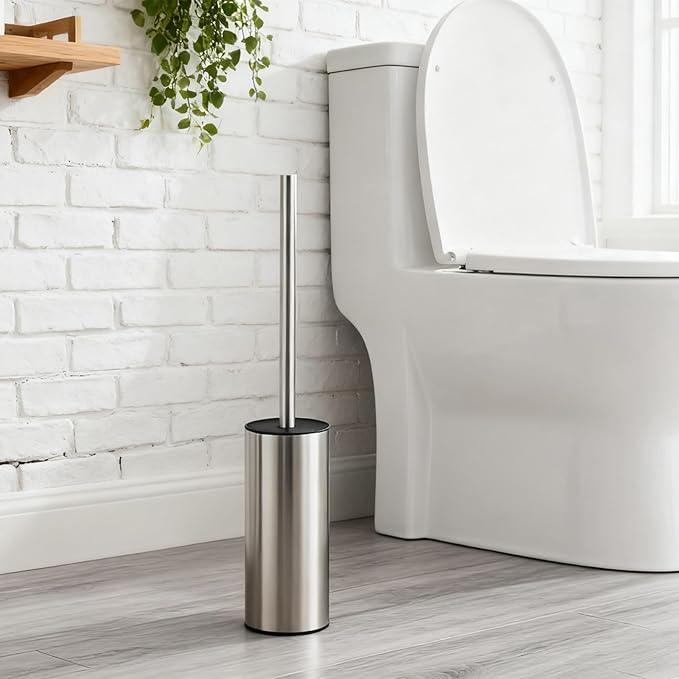 Toilet Brush and Holder Set, NEWRAIN Stainless Steel Toilet Brush with Long Brush Handle, Brushed Nickel Toilet Scrubber and Covered Holder, Round Design Sturdy and Space Saving, Covered Brush - ModernBath