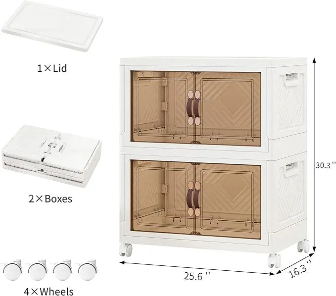 Storage Bins with Lids and Wheels, 220QT-110QT*2Tier Collapsible Bathroom Storage Cabinet with Clear Doors, Plastic Stackable Closet Organizers and Containers White - ModernBath